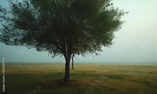 Wallpaper Mural Lone tree in misty field, sunrise, peaceful landscape, nature background Torontodigital.ca