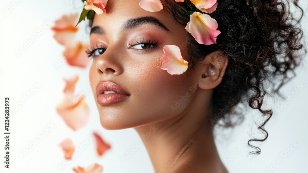 Fototapeta premium Elegant Colombian model with luminous eco-friendly makeup, flower petals decorating her hair, studio white background, high resolution