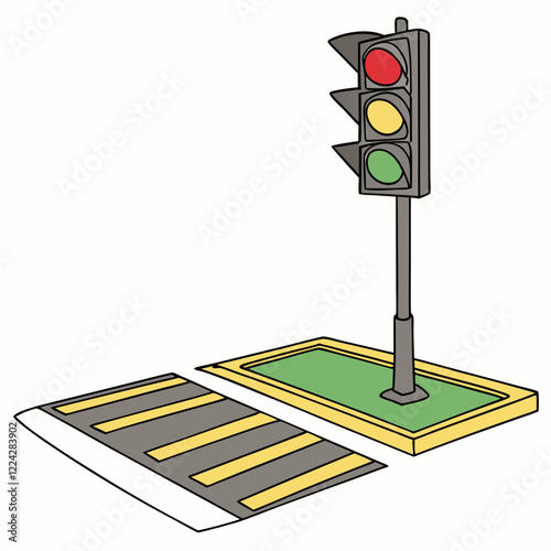 a traffic signal light and zebra crossing vector design on a white background 