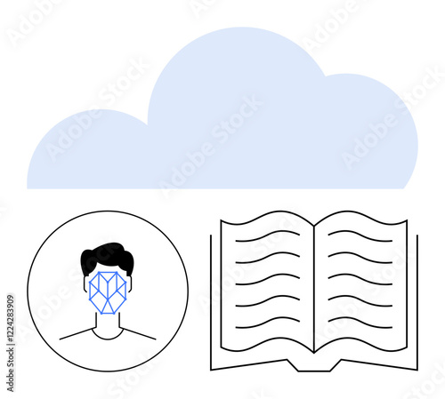 Open book, cloud shape, face with recognition grid inside a circle. Ideal for AI, cloud storage, education, facial recognition, machine learning, digital transformation abstract line flat metaphor