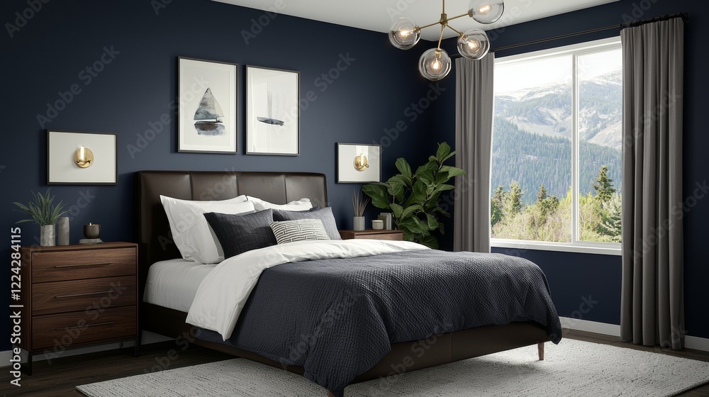 Fototapeta premium Modern bedroom with dark blue walls, large window, and stylish decor highlighting scenic mountain views