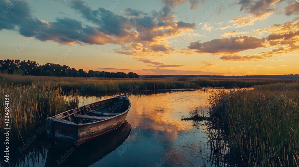 Obraz premium Scenic View of Boat in Serene Marshland at Sunset with Vibrant Sky : Generative AI