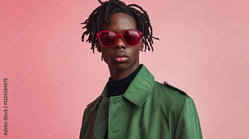 Portrait of a serious young man with shoulder-length dreadlocks, dressed in a green trench coat and oversized red sunglasses, standing against a soft pink backdrop, showcasing a high-fashion aesthetic