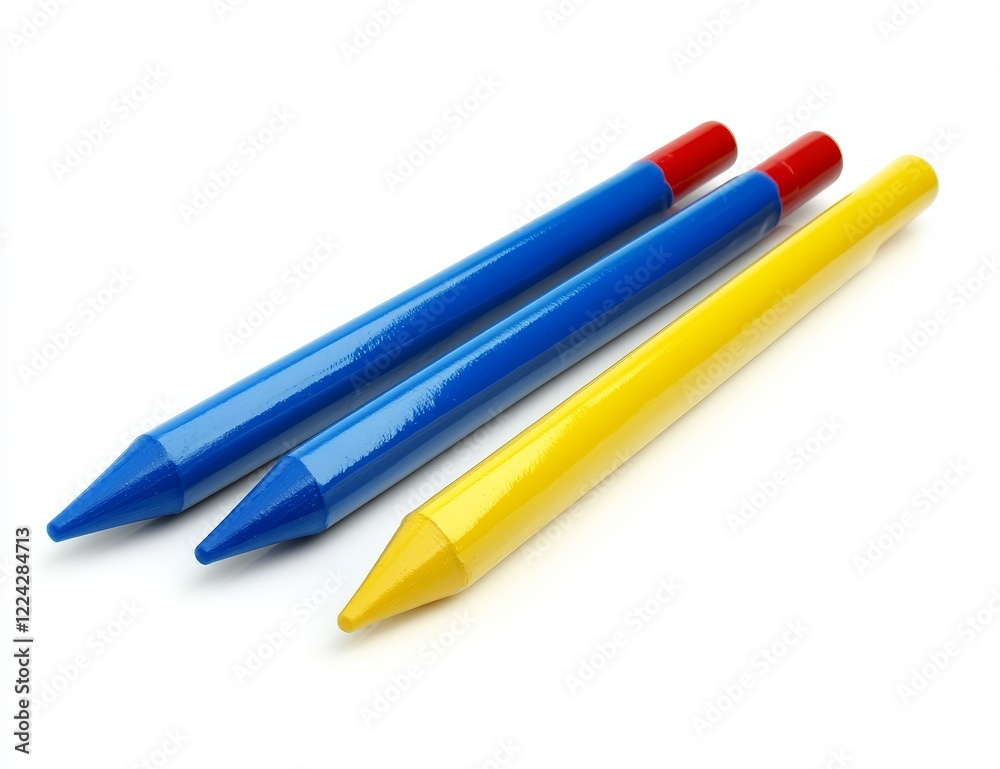 Three colored pencils; blue, yellow, and red. Three colored pencils; blue, yellow, and red.
