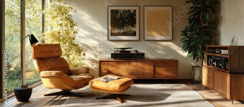 A cozy mid-century modern living room featuring a vintage record player and ample sunlight