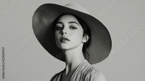 Portrait of a young woman in a chic monochrome outfit, wearing a wide-brimmed hat, her hair styled in a low bun, standing confidently against a minimalist studio background