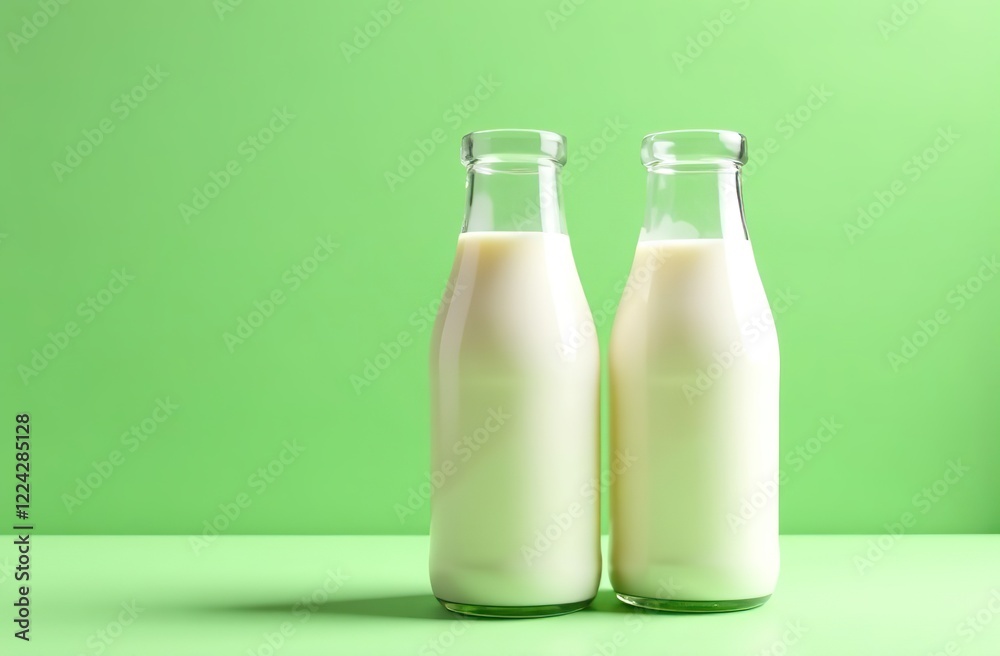 Minimalist glass milk bottles on soft green background with natural lighting Minimalist glass milk bottles on soft green background with natural lighting