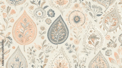 Elegant Peach and Gray Floral Paisley Pattern Design Textile Wallpaper Fabric Print