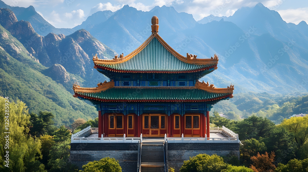 Majestic Asian Temple Amidst Vibrant Mountain Range Under Clear Blue Sky and Serene Atmosphere : Generative AI Majestic Asian Temple Amidst Vibrant Mountain Range Under Clear Blue Sky and Serene Atmosphere : Generative AI
