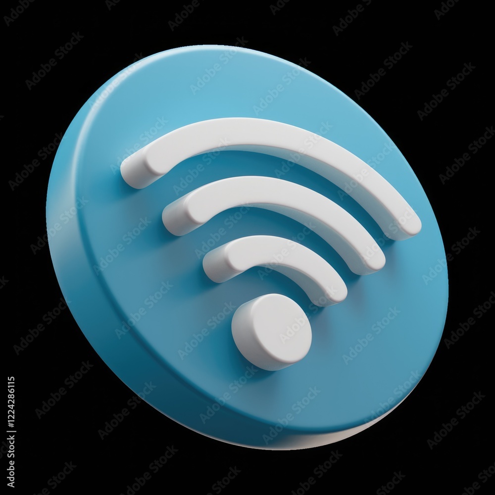A 3D render of a white wifi symbol on a blue circle. A 3D render of a white wifi symbol on a blue circle.
