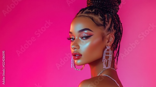 Studio shot of a young woman with braided cornrows styled into a high bun, wearing sparkling jewelry and glossy makeup, standing against a vibrant pink background
