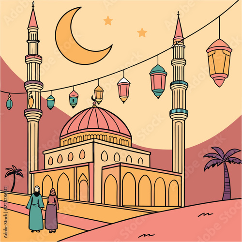 Create a vibrant Ramadan scene featuring a crescent moon, lanterns, and a mosque at sunset