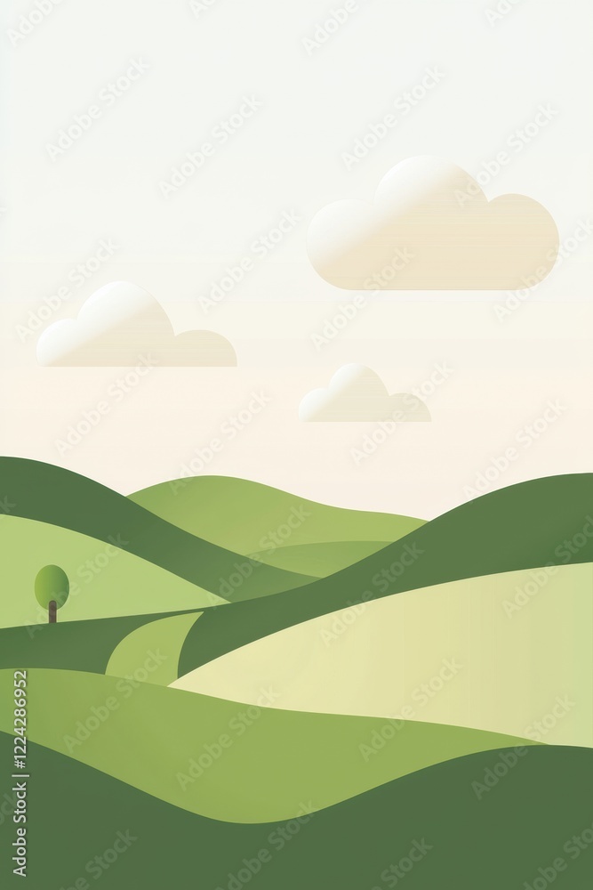 Fototapeta premium Flat Design of Rolling Green Hills with Gentle Cloudy Sky Background