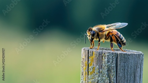 Close-up photo of a bee on the edge of a wooden post