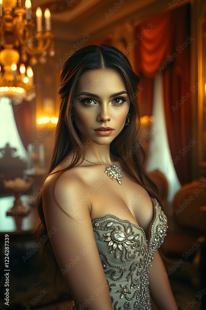 Fototapeta premium A stunningly beautiful and elegant Russian woman with long, flowing hair 