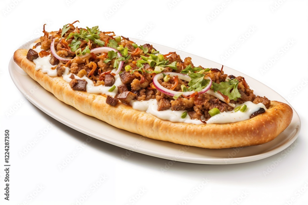 Turkish pide with beef, fresh herbs, and onions on an oval plate. Turkish food promotions, menus, or recipe inspiration. Savory delight. Tradition meets culinary artistry. Pide Kusbasi
Turkish pide with beef, fresh herbs, and onions on an oval plate. Turkish food promotions, menus, or recipe inspiration. Savory delight. Tradition meets culinary artistry. Pide Kusbasi