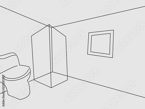 The image presents a simple line art illustration of a bathroom interior