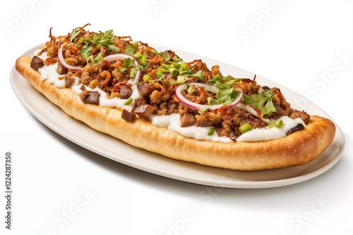 Turkish pide with beef, fresh herbs, and onions on an oval plate. Turkish food promotions, menus, or recipe inspiration. Savory delight. Tradition meets culinary artistry. Pide Kusbasi

 photo