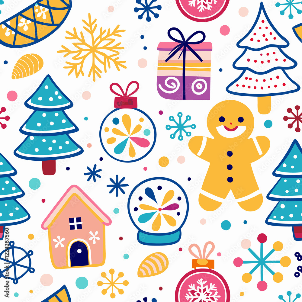 Fototapeta premium Festive Christmas seamless pattern with trees, gingerbread man, gifts, snowflakes, and houses.