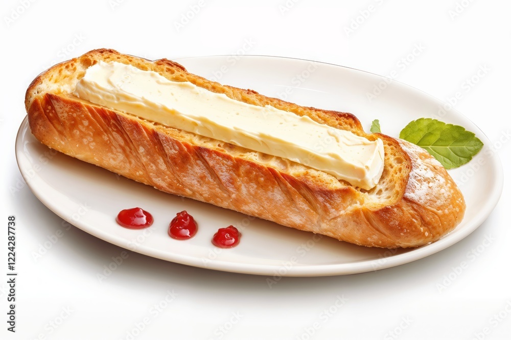 French baguette with butter and ketchup drops on a white plate.Simplicity. Elegance. The timeless charm of fresh bread. bakery promotions, recipe blogs, or breakfast ideas.French Baguette with Butter
