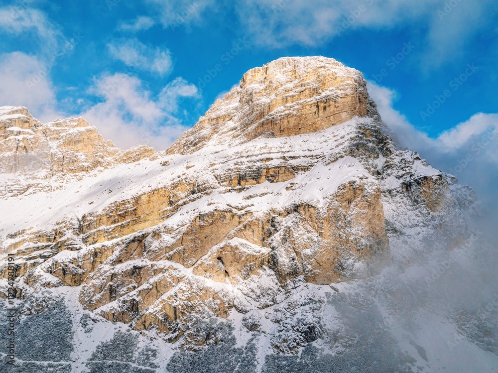 Aerial drone view of the Sassongher mountain in the Dolomites, Italy
