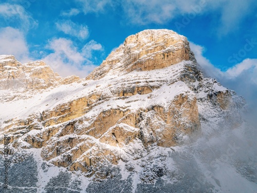 Obraz na płótnie Aerial drone view of the Sassongher mountain in the Dolomites, Italy w salonie