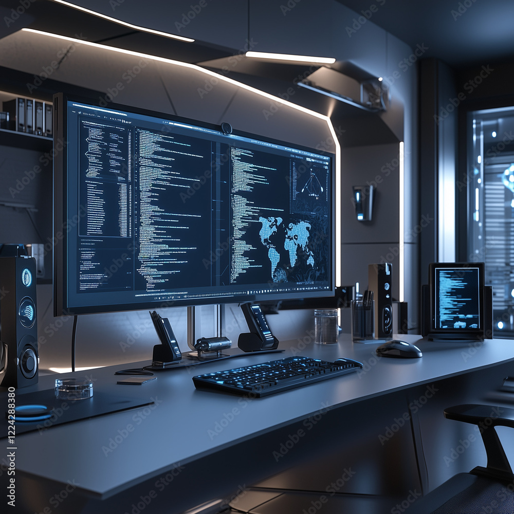 Fototapeta premium A futuristic home office with sleek furniture, a large monitor displaying coding scripts, and smart home devices integrated into the setup, creating an efficient, tech-savvy workspace. 