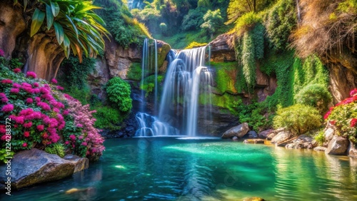 Dense foliage and exotic flowers surrounding a serene waterfall cascading down a rugged rock face into a crystal-clear pool, lush greenery, scenic view