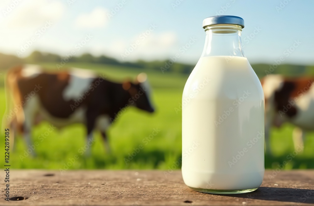 Milk bottle on the background of cows, farms, milk mockup, dairy farm, for advertising Milk bottle on the background of cows, farms, milk mockup, dairy farm, for advertising