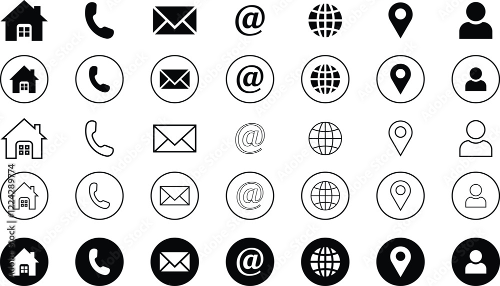 Business icon for company. Web icon set. Phone, name, website, address, location and mail logo symbol sign pack. Contact information icons for business cards. line art icons.