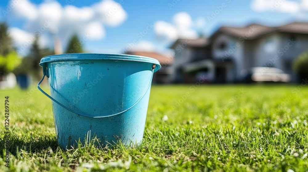 Bright Blue Bucket on Green Grass with House and Sky Background Bright Blue Bucket on Green Grass with House and Sky Background