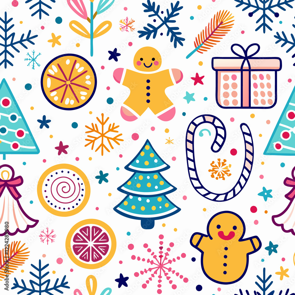 Naklejka premium Festive Christmas seamless pattern with gingerbread men, trees, snowflakes, and gifts. (2)