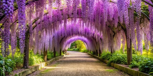 Wisteria tunnel arch covered in vibrant purple flowers creating a stunning garden entrance or nature backdrop with delicate petals and intricate details, garden decoration, flower arch