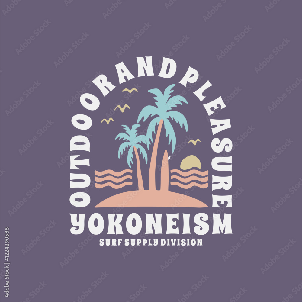 Naklejka premium Surfing Hawaii beach. Sunshine paradise graphic print design. Enjoy beach life. Summer vibes artwork. Surf club design. Beach wave artwork. Hawaii Aloha beach modern abstract art.