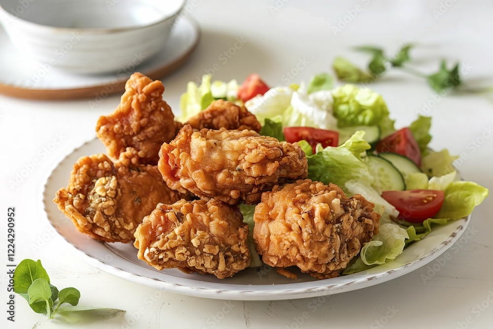 fried chunks of chicken and a salad on a white plate fried chunks of chicken and a salad on a white plate