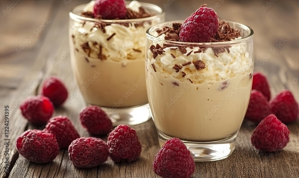 Creamy raspberry dessert with whipped cream and chocolate shavings on rustic wood Creamy raspberry dessert with whipped cream and chocolate shavings on rustic wood