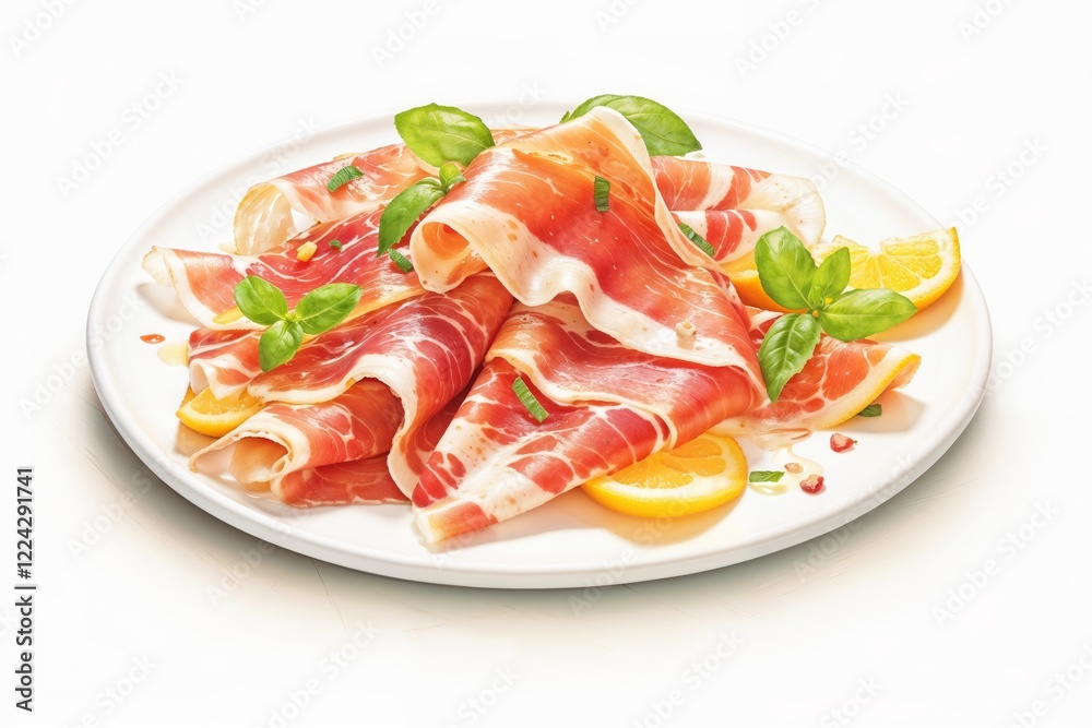 Prosciutto with basil leaves and lemon wedges on a white plate. Italian delicacy, appetizer concept, gourmet food, culinary art, restaurant menu. Elegance. Freshness. Delicacy. Prosciutto with basil leaves and lemon wedges on a white plate. Italian delicacy, appetizer concept, gourmet food, culinary art, restaurant menu. Elegance. Freshness. Delicacy.