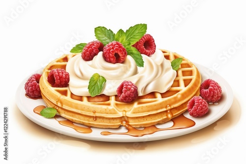 Two round waffles with whipped cream, raspberries, drizzled with syrup on a white plate. Belgian waffles, breakfast idea, dessert concept, food styling, indulgent brunch. Delight. Sweet moments. Indul photo