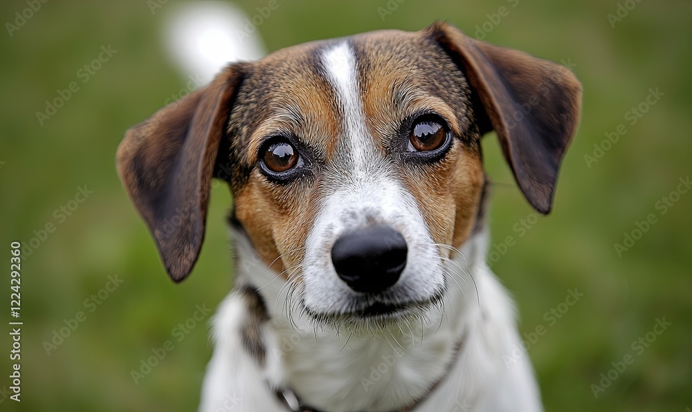 Curious dog with tilted head in grassy park, close-up portrait for pet adoption Curious dog with tilted head in grassy park, close-up portrait for pet adoption
