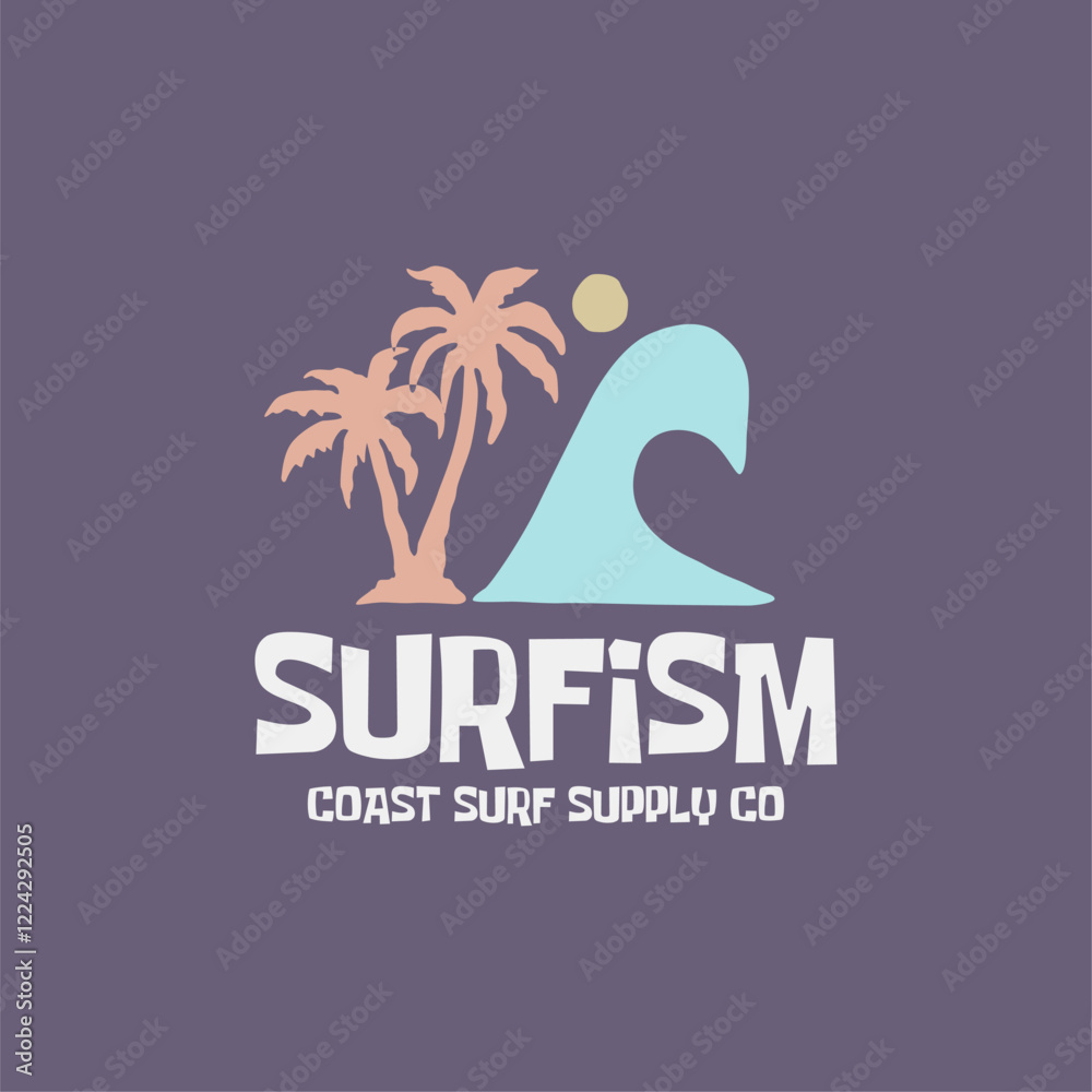 Naklejka premium Surfing Hawaii beach. Sunshine paradise graphic print design. Enjoy beach life. Summer vibes artwork. Surf club design. Beach wave artwork. Hawaii Aloha beach modern abstract art.