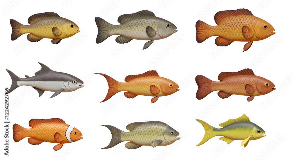 Fototapeta premium Nine Colorful Fish Illustrations Variety of Species isolated on white background. Generative AI