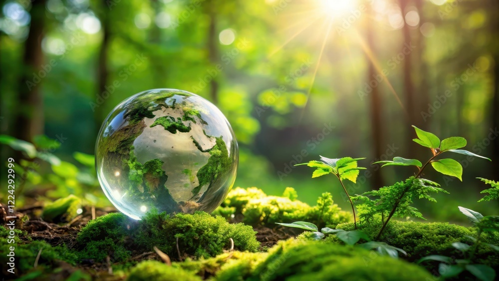 Earth Crystal Glass Globe Among Green Leaves in Forest, landscape, outdoor, landscape, outdoor, glass globe, serene, earthy Earth Crystal Glass Globe Among Green Leaves in Forest, landscape, outdoor, landscape, outdoor, glass globe, serene, earthy