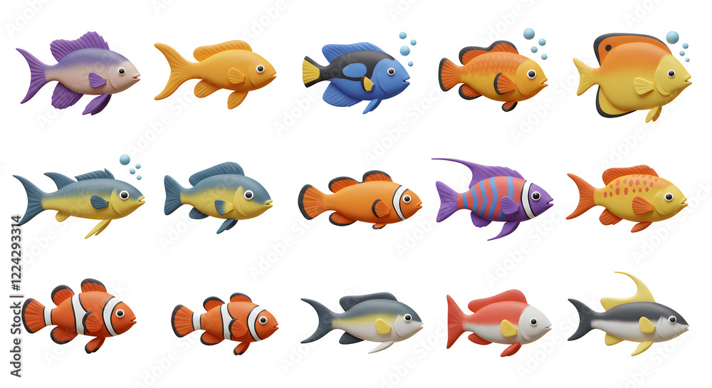 Cute Cartoon Fish Collection 3D Render Images isolated on white background. Generative AI Cute Cartoon Fish Collection 3D Render Images isolated on white background. Generative AI