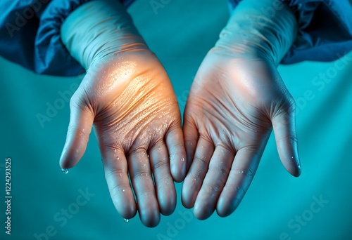 Close-up of a surgeon's hands covered in glittering particles, symbolizing hope and healing in the medical field.  The image conveys a sense of dedication and effort in a dark blue setting, creating a photo