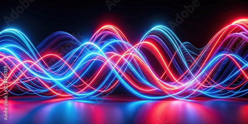 Vibrant red and blue neon lights swirl in an abstract wave pattern, creating a mesmerizing visual effect, blue, wave,  blue