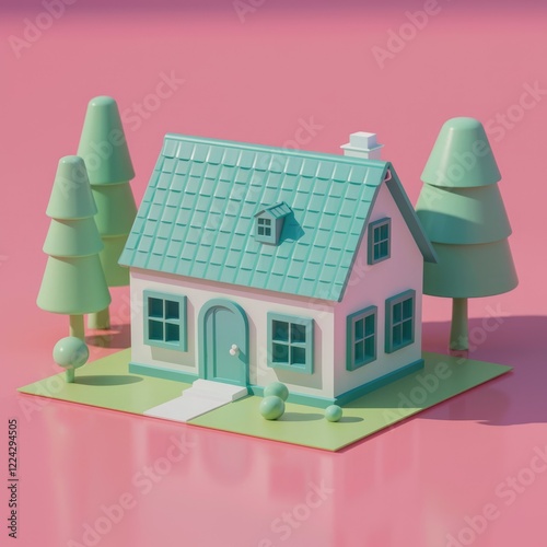 A cute cartoonstyle house with a green roof, surrounded by trees on a pink background. photo