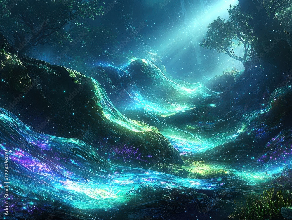 A vibrant underwater background featuring glowing bioluminescent waves and radiant coral reefs in shades of blue, green, and purple. The tranquil scene is illuminated by faint shafts of light 