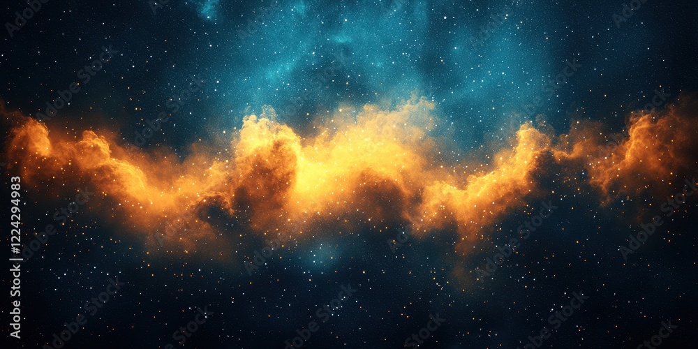 Naklejka premium A celestial scene of golden clouds glowing against a deep blue starry sky, with radiant hues of orange and yellow casting a soft light over a dreamy, cosmic landscape 