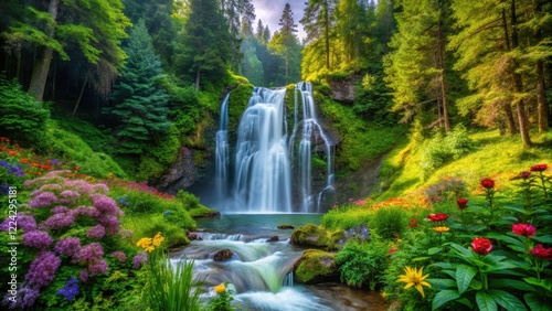 A serene waterfall cascades through a lush forest surrounded by towering trees with vibrant green foliage and colorful wildflowers blooming in every direction, peaceful , nature