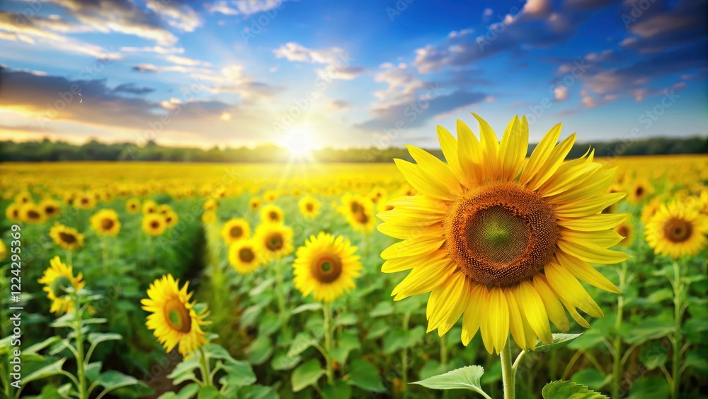 Fototapeta premium Vibrant Yellow Sunflower Field with Green Grass, springtime scene